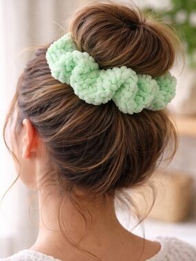 Chunky Plush Scrunchie in Neon Lime Green Set of 2